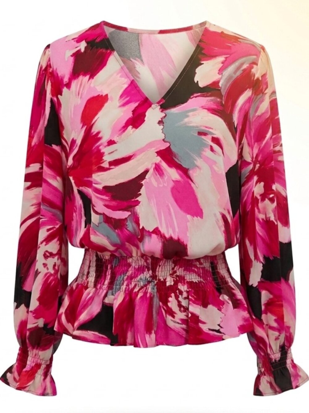 Halogen Medium Floral Print Top Ruffled Waist & Sleeve Cuffs